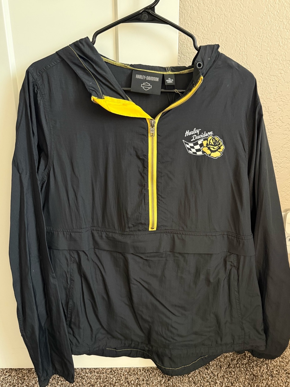 Harley-Davidson Black Hooded Half-Zip Windbreaker with Yellow Accents